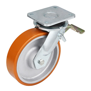 Brwon Polyurethane Super Heavy Duty Swivel Castor with Front Lock with Black Casting-Iron Wheel Centre